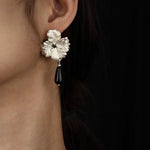 925 Sterling Silver Flower Drop Black Agate Earrings - floysun