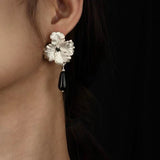 925 Sterling Silver Flower Drop Black Agate Earrings - floysun