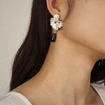 925 Sterling Silver Flower Drop Black Agate Earrings - floysun