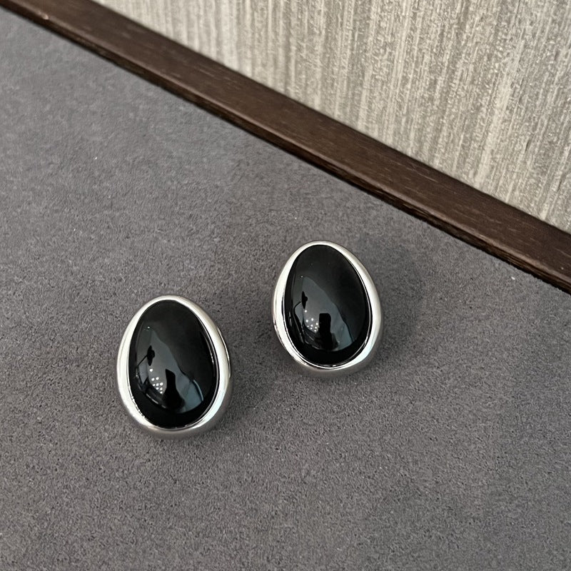 925 Sterling Silver Premium Black Agate Egg Earrings - floysun