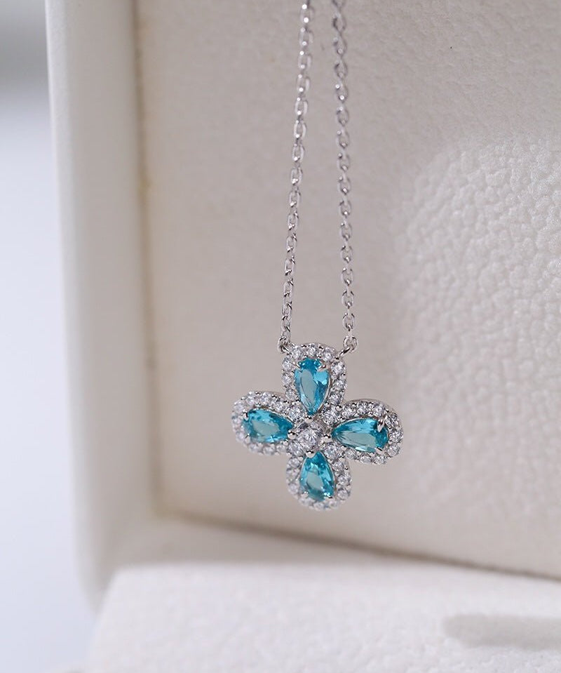 925 Sterling Silver Sky Blue Four - Leaf Clover Necklace - floysun