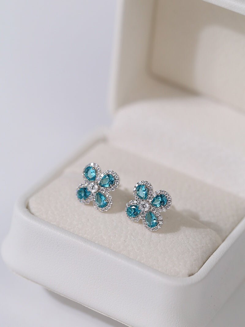 925 Sterling Silver Sky Blue Four - Leaf Stud Earrings - floysun