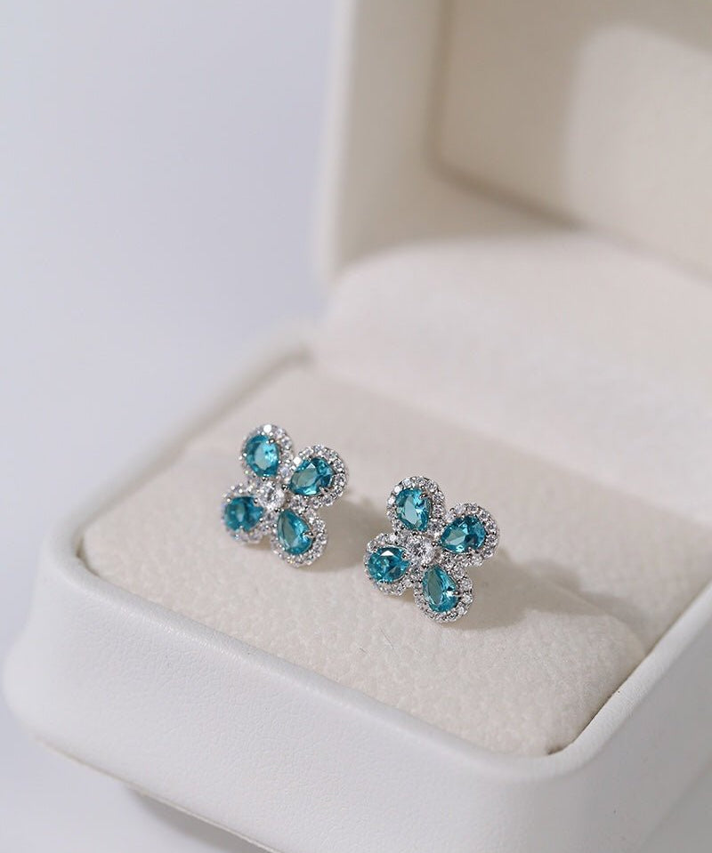 925 Sterling Silver Sky Blue Four - Leaf Stud Earrings - floysun