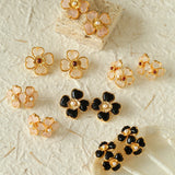 Black Agate White Crystal Rose Quartz Four-leaf Clover Stud Earrings