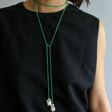 Extra-Long Green Agates Double Baroque Pearl Necklaces