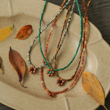 Sandalwood Floret Red Agate Speckled Stone Tube Beads Beaded Necklace