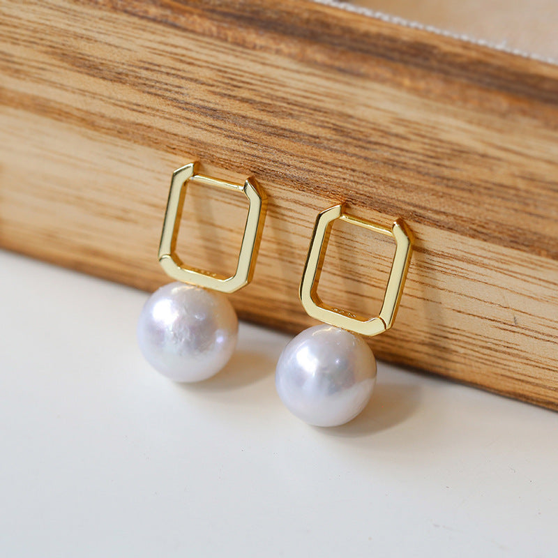 Round Baroque Pearl Square Hoops Earrings