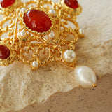 Vintage Courtly Elegance: Red Agate and Pearl Brooch