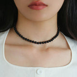 925 Silver Clasp 6mm Black Agate Beaded Choker Necklace