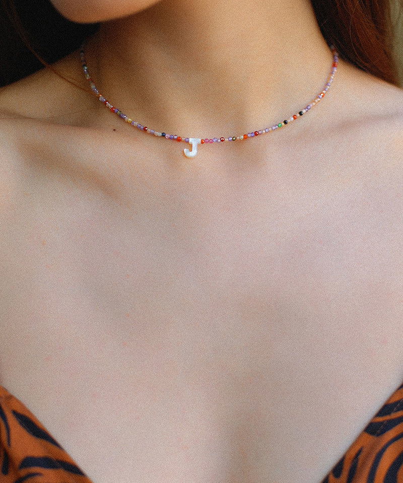 Mother-of-Pearl Alphabet Colorful Zircon Beaded Necklace