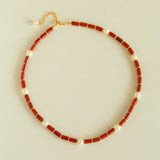 Joyful Red Stone Round Bead and Pearl Bead Beaded Necklace