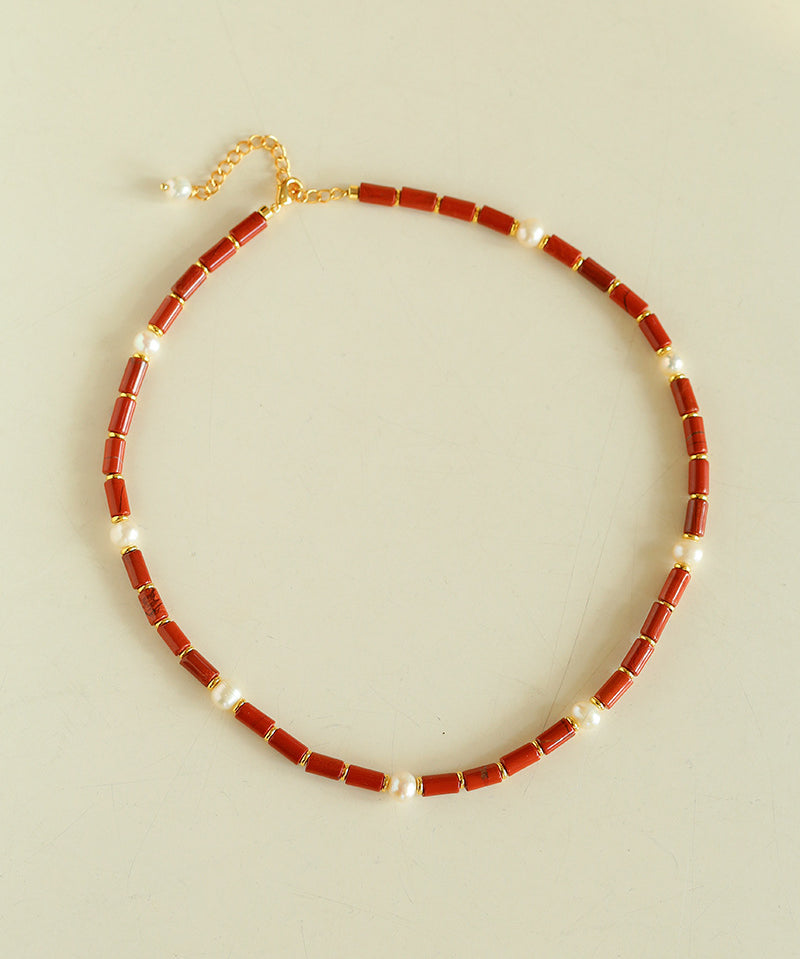 Joyful Red Stone Round Bead and Pearl Bead Beaded Necklace