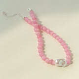 Cat's Eye Stone Baroque Pearl Collar Necklace-Pink