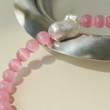 Cat's Eye Stone Baroque Pearl Collar Necklace-Pink