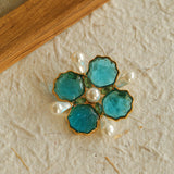 Vintage Handmade Stained Glass Pearl Petal Brooch