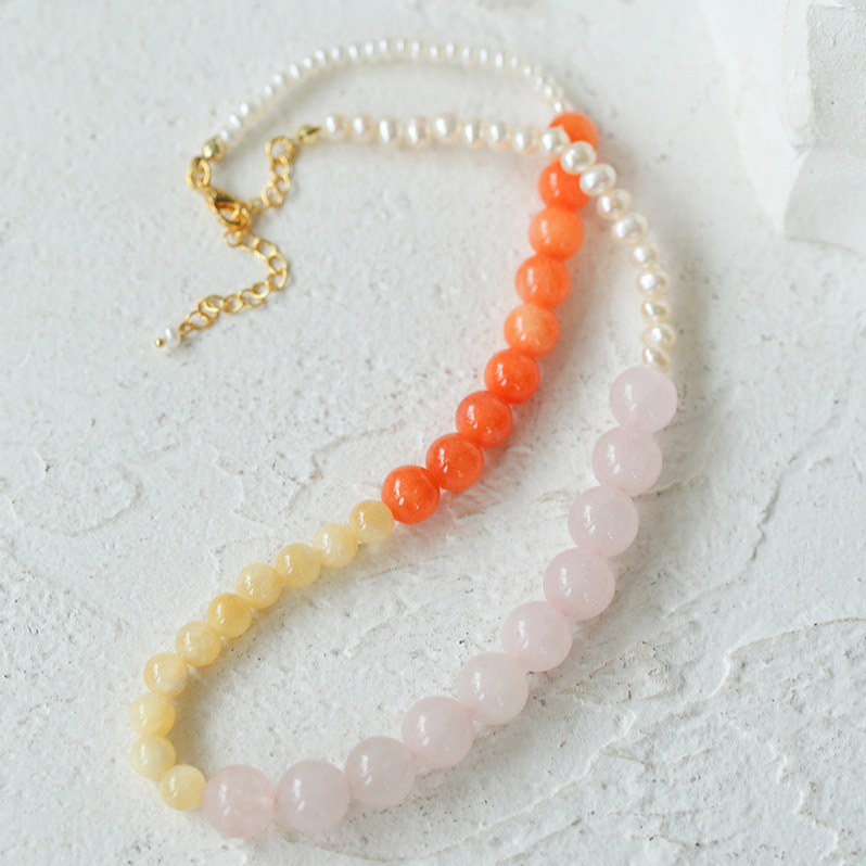 Vibrant Multicolored Gemstone and Pearl Beaded Necklace-Orange Pink Necklace
