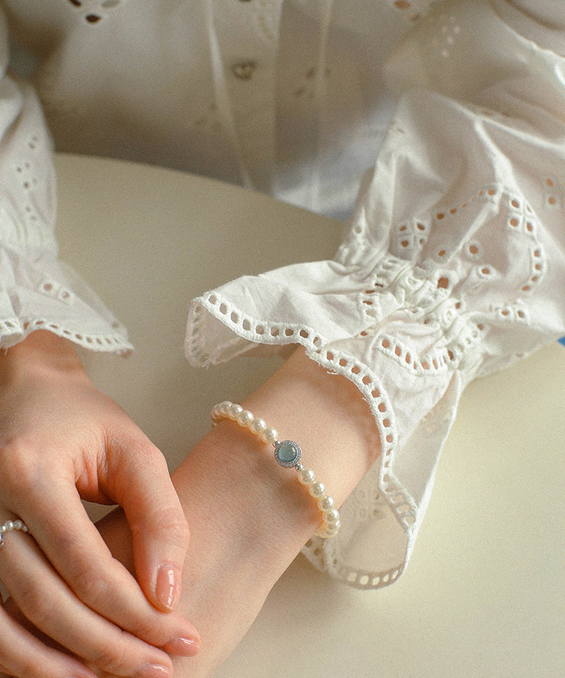 Aquamarine Oceanic Blue Sapphire and Pearl Bracelet