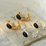 Oval Black Agate Twisted Floral Earrings