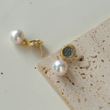 Vintage Silver Coin Freshwater Baroque Pearl Earrings