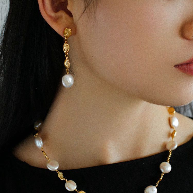 Gold Lava Coin Baroque Pearls Long Drop Earrings