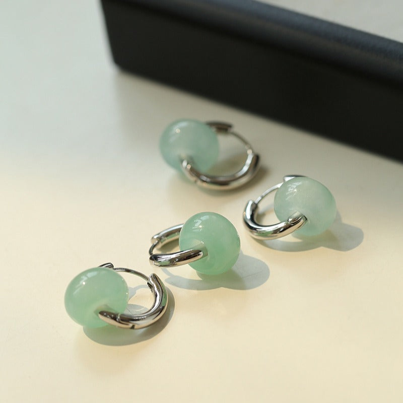 Green Jade Silver Hoop Earrings