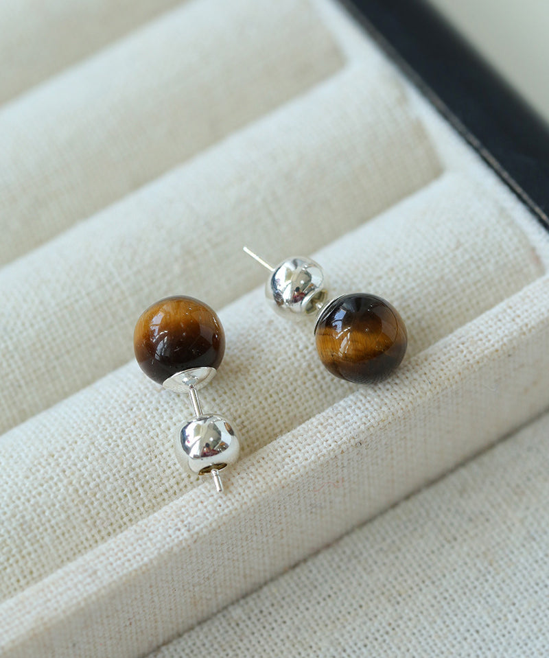 Simple Crystal Agate Tiger Eye Round Earrings