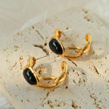 Oval Black Agate Twisted Floral Earrings