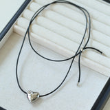 Heart-shaped Black Leather Drawstring Pendant Necklace