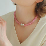 Cat's Eye Stone Baroque Pearl Collar Necklace-Pink