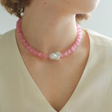 Cat's Eye Stone Baroque Pearl Collar Necklace-Pink