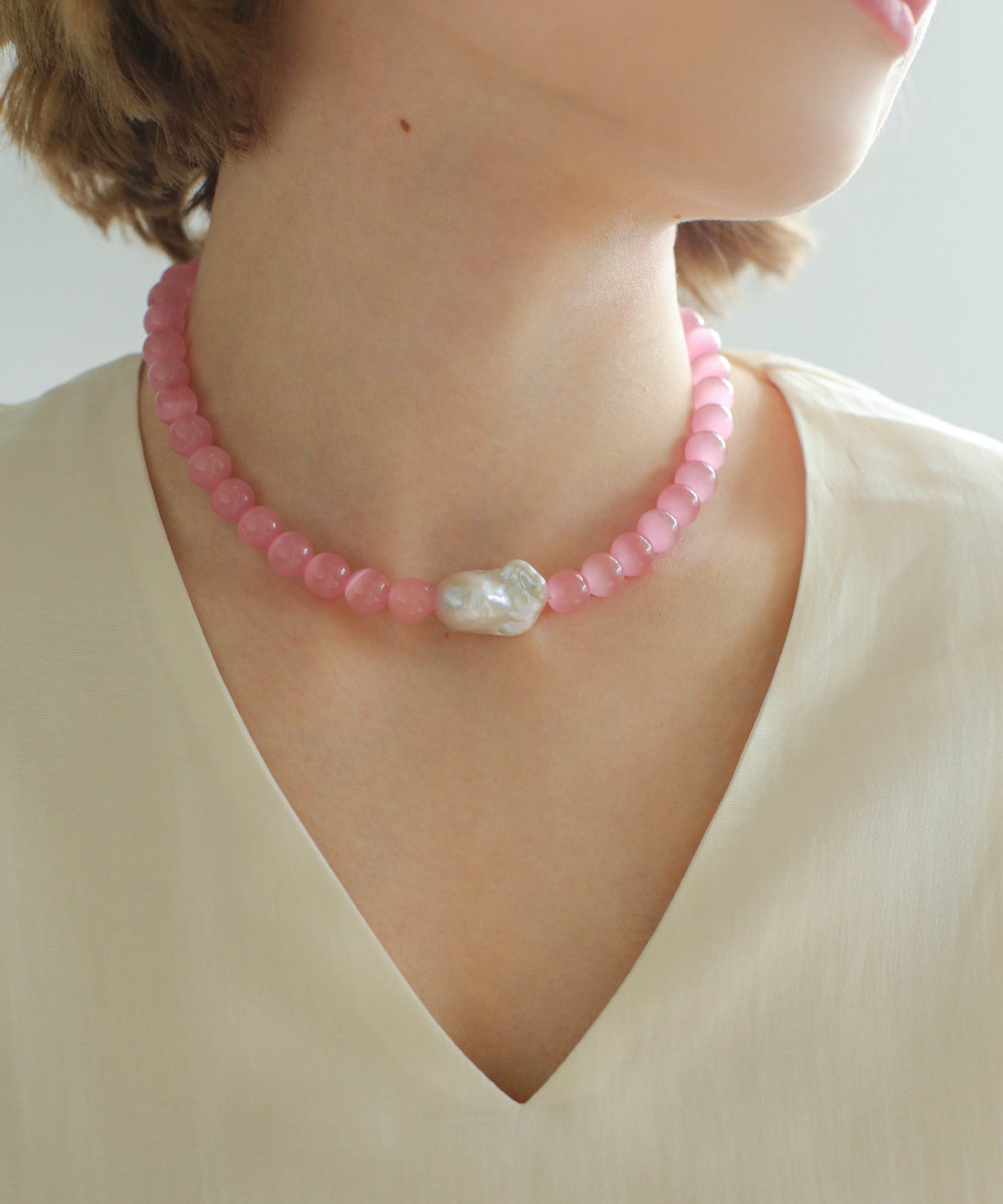 Cat's Eye Stone Baroque Pearl Collar Necklace-Pink