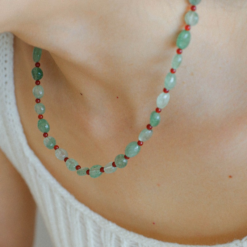 Green Strawberry Quartz and Red Onyx Beaded Necklace