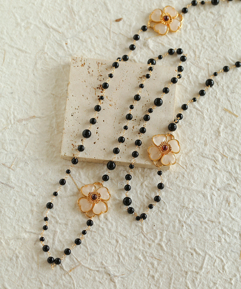 Classic French Romance Clover Long Necklace-Black Onyx