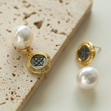 Vintage Silver Coin Freshwater Baroque Pearl Earrings