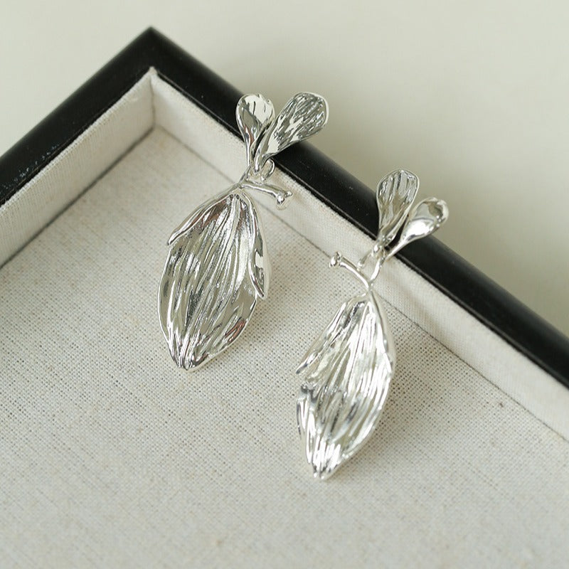 Vintage Long Textured Leaf Drop Earrings