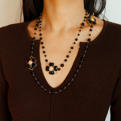 Classic French Romance Clover Long Necklace-Black Onyx