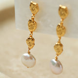 Gold Lava Coin Baroque Pearls Long Drop Earrings