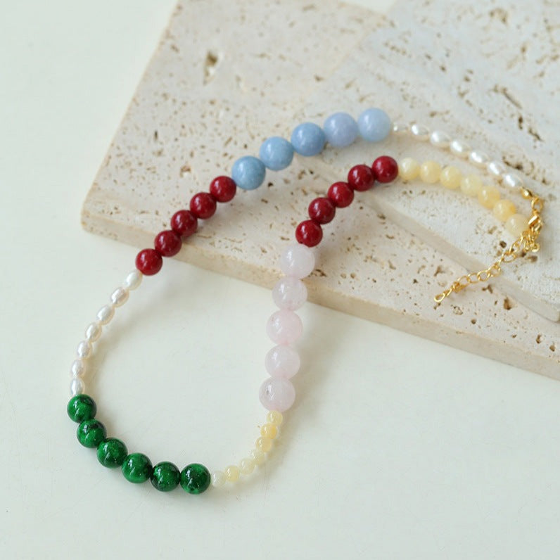 Vibrant Multicolored Gemstone and Pearl Beaded Necklace-Red Green Necklace