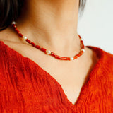 Joyful Red Stone Round Bead and Pearl Bead Beaded Necklace