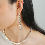 Metal Ball Beaded Spliced Pearl Drop Long Earrings