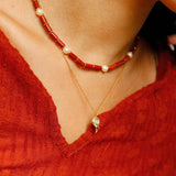 Joyful Red Stone Round Bead and Pearl Bead Beaded Necklace