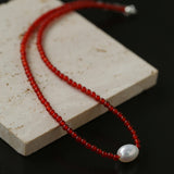 Single Pearl Red Agate Black Agate Beaded Necklace