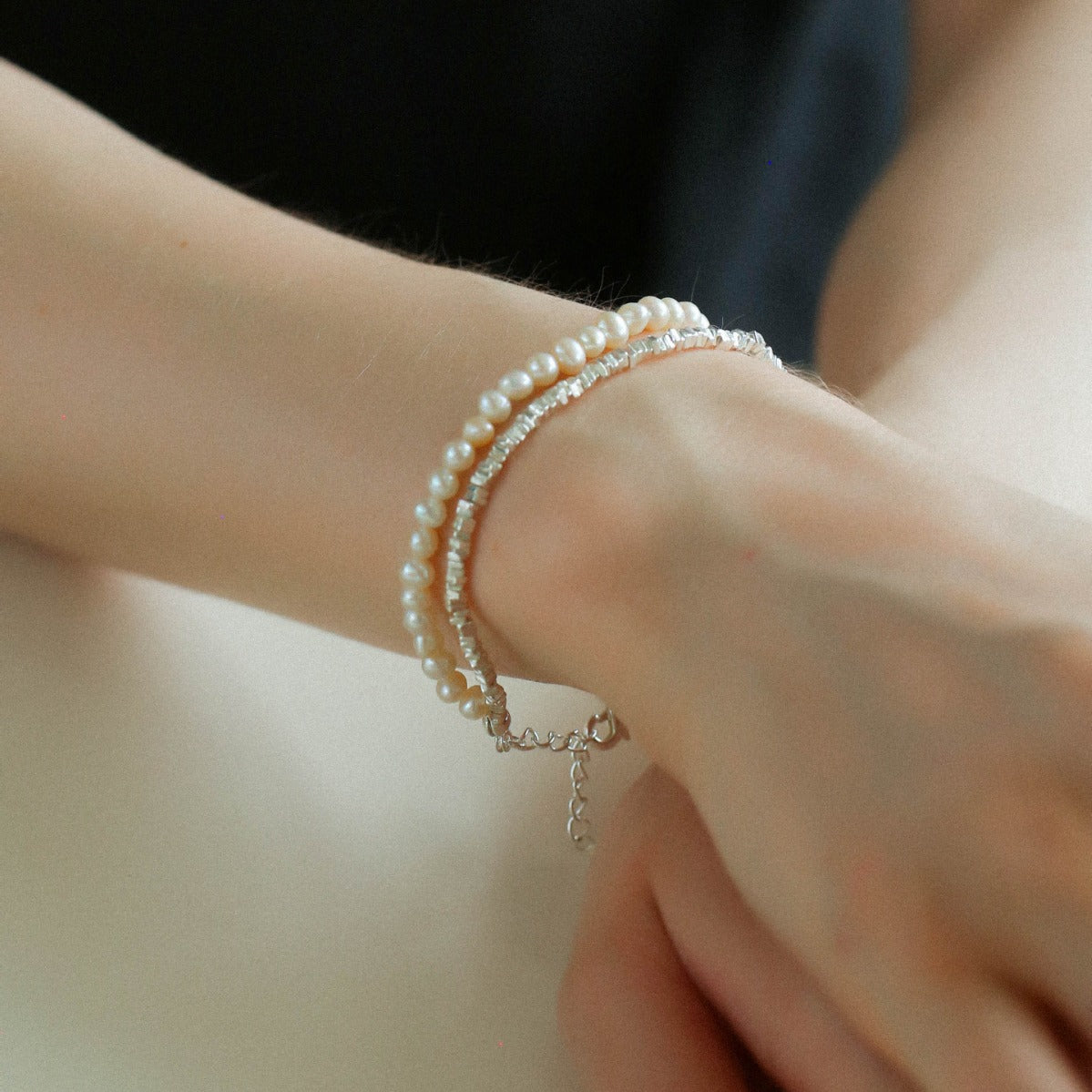 Crushed Silver Shards Double-Layer Pearl Bracelet