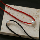 Single Pearl Red Agate Black Agate Beaded Necklace