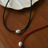 Single Pearl Red Agate Black Agate Beaded Necklace