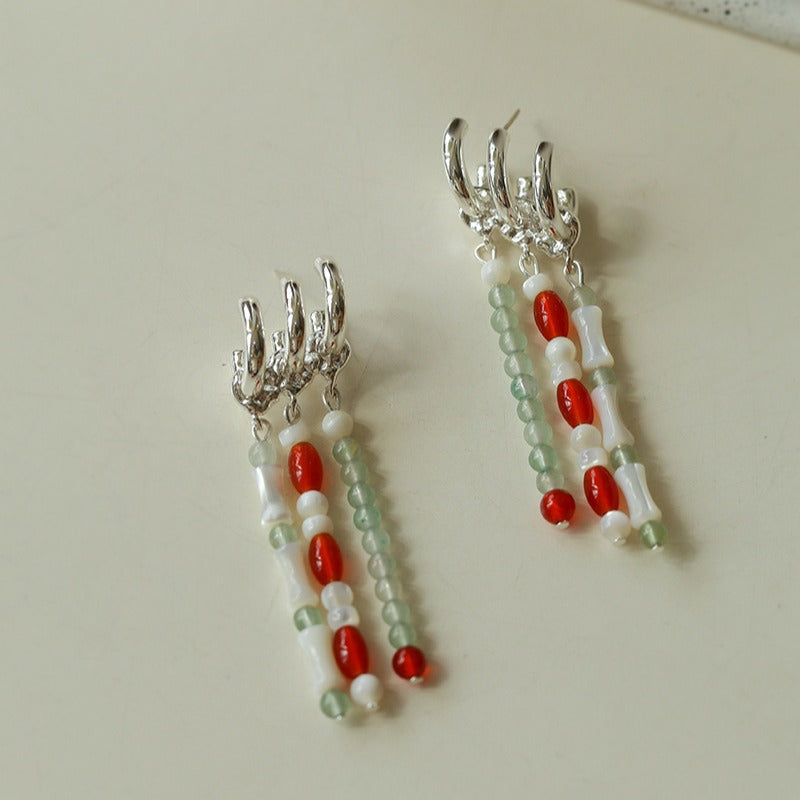 New Chinese Style Bamboo Aventurine Commuting Three-Layer Earrings