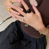 S925 Sterling Silver Irregular Black Agate Rings