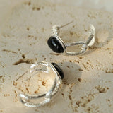 Oval Black Agate Twisted Floral Earrings