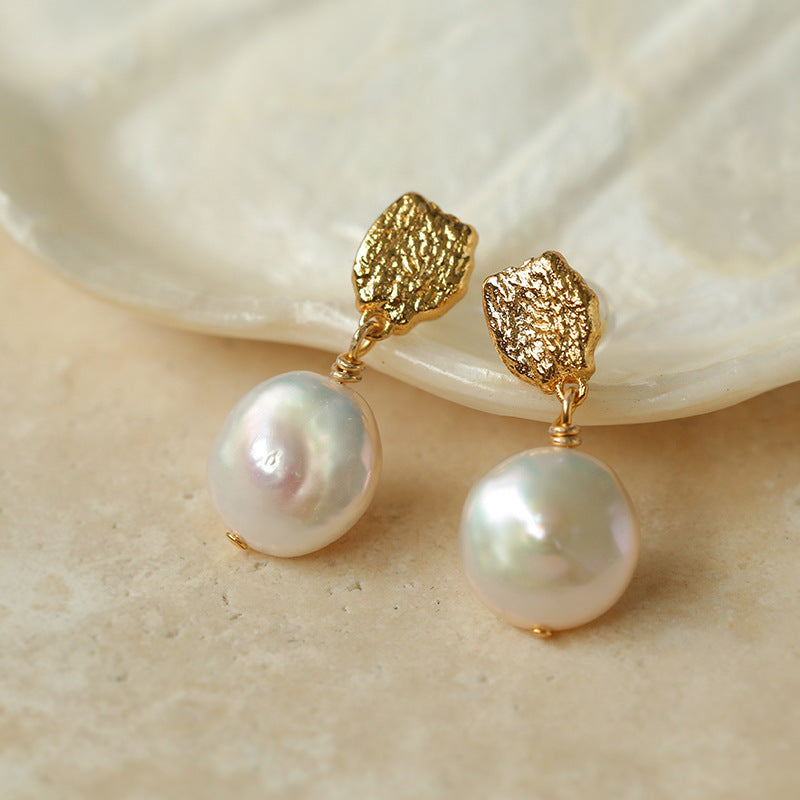 Gold Lava Coin Baroque Pearls Long Drop Earrings