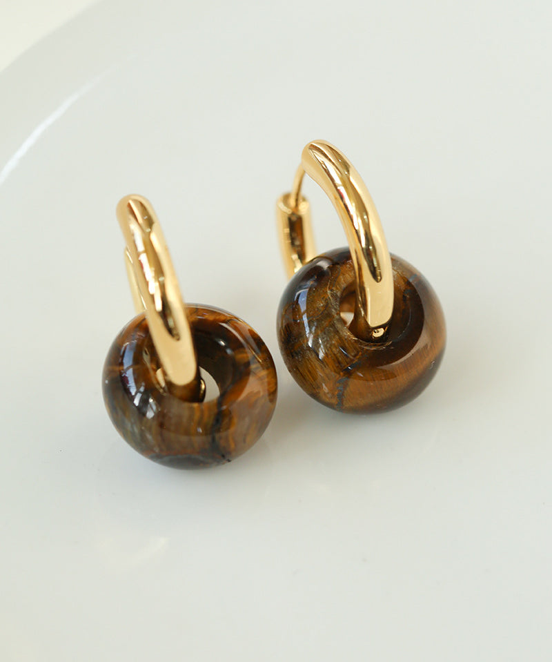 Simple Tigers Eye Stone Hoops Earrings